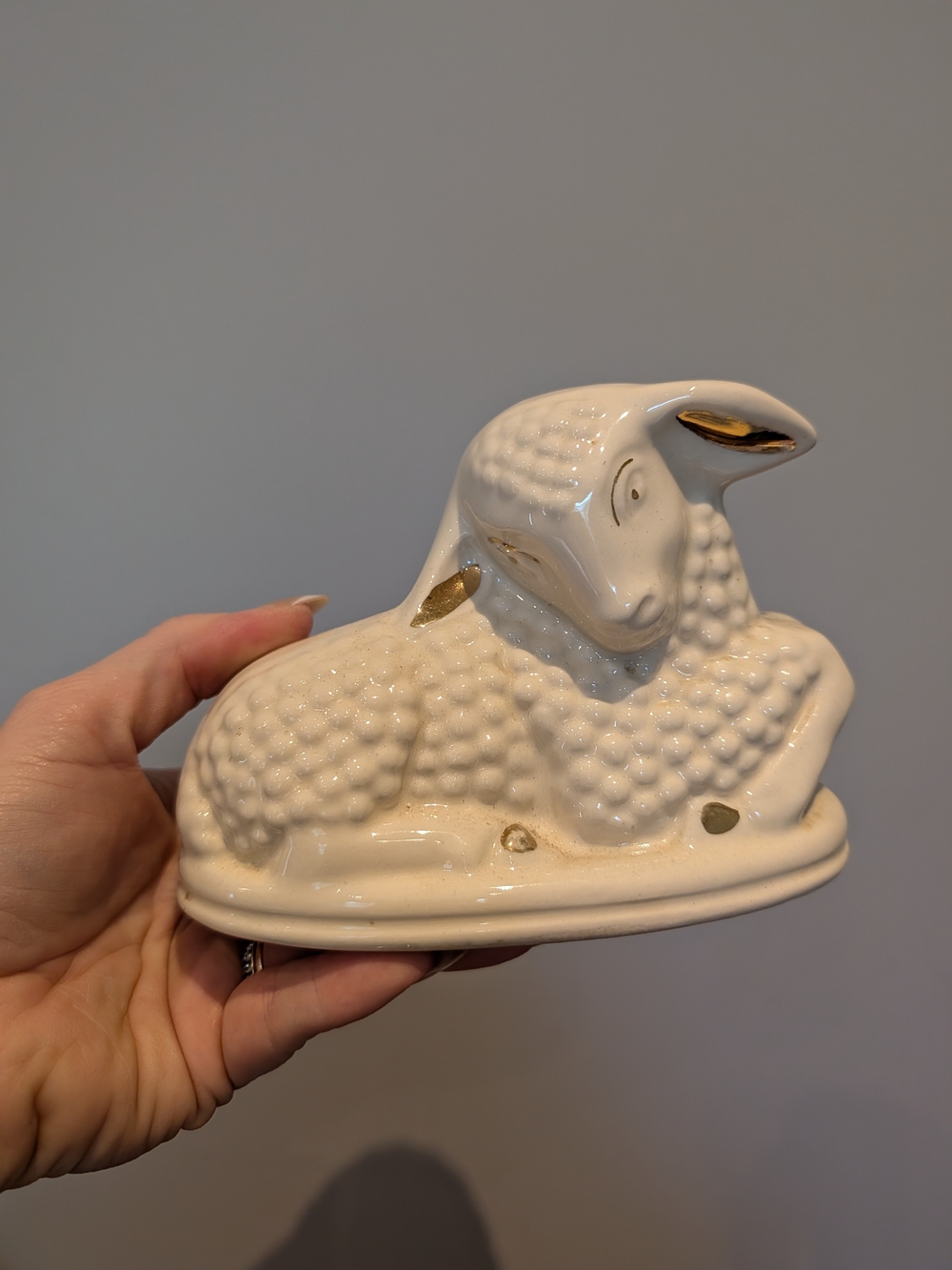 White Ceramic Lamb Figurine with Gold Accent Planter